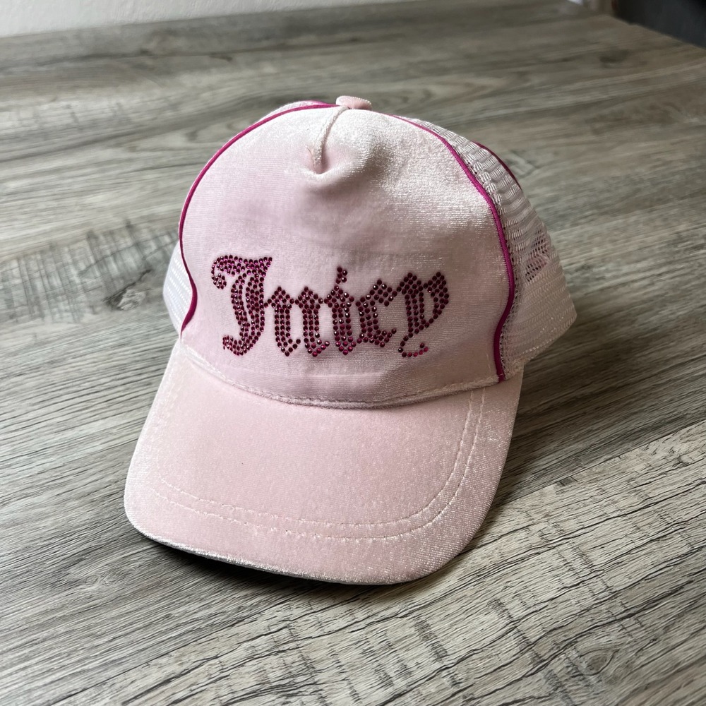 Juicy Couture Trucker Hat‎ Girls OS Pink Velour Rhinestone Logo Y2K Mesh Cap